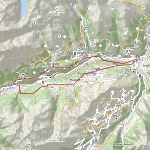 Zemljevid v pomanjšavi "Gorsko kolesarjenje v okolici Ilanza" kolesarske inspiracije v Ostschweiz, Switzerland. Generirano z načrtovalcem kolesarskih poti Tarmacs.app