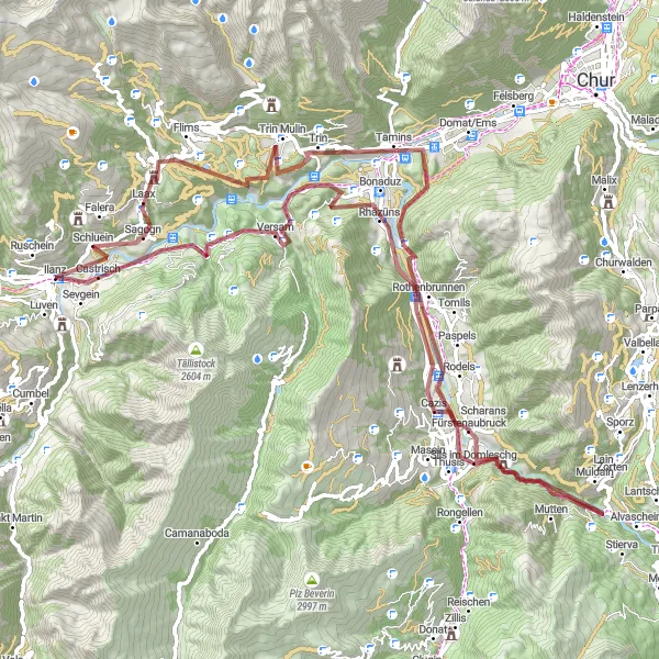 Karten-Miniaturansicht der Radinspiration "Abenteuerliche Fahrt durch die Naturwunder von Ilanz" in Ostschweiz, Switzerland. Erstellt vom Tarmacs.app-Routenplaner für Radtouren
