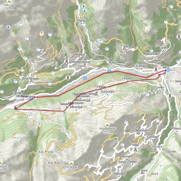 Miniatua del mapa de inspiración ciclista "Ruta de Grava Luven-Tavanasa-Crest la Crusch-Ilanz" en Ostschweiz, Switzerland. Generado por Tarmacs.app planificador de rutas ciclistas