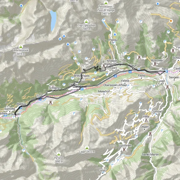 Zemljevid v pomanjšavi "Ilanz - Ruschein - Trun - Schlans - Crest la Crusch - Adlerstein - Andiast - Ilanz" kolesarske inspiracije v Ostschweiz, Switzerland. Generirano z načrtovalcem kolesarskih poti Tarmacs.app