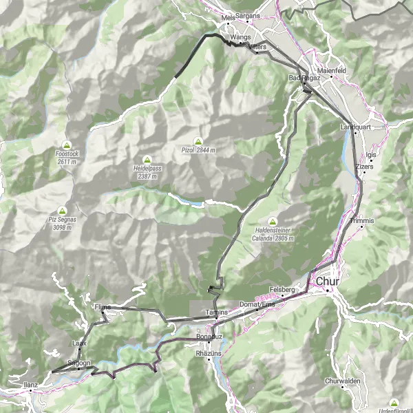Miniatuurkaart van de fietsinspiratie "Fietsroute van Ilanz: Laax - Tamins - Bad Ragaz" in Ostschweiz, Switzerland. Gemaakt door de Tarmacs.app fietsrouteplanner