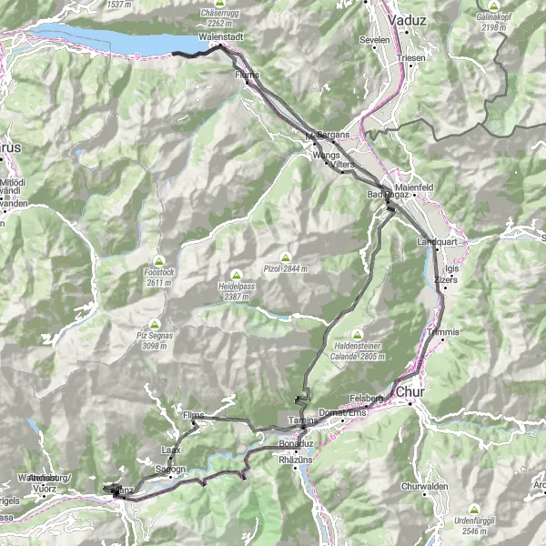 Zemljevid v pomanjšavi "Izziv cestnega kolesarjenja skozi slikovito pokrajino" kolesarske inspiracije v Ostschweiz, Switzerland. Generirano z načrtovalcem kolesarskih poti Tarmacs.app