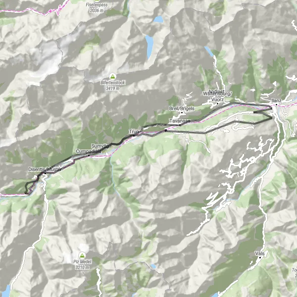 Miniatura della mappa di ispirazione al ciclismo "Viaggio in bicicletta da Ilanz ad Adlerstein e ritorno" nella regione di Ostschweiz, Switzerland. Generata da Tarmacs.app, pianificatore di rotte ciclistiche