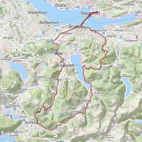 Map miniature of "Jona - Sattelegg Gravel Adventure" cycling inspiration in Ostschweiz, Switzerland. Generated by Tarmacs.app cycling route planner