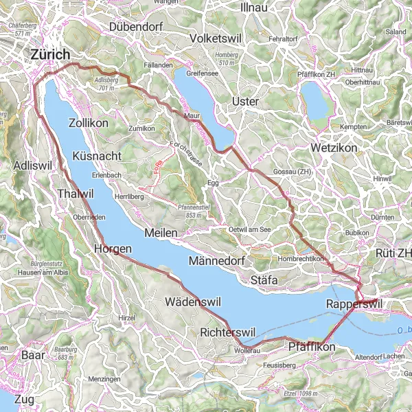 Miniatua del mapa de inspiración ciclista "Ruta de grava por el lago de Zúrich" en Ostschweiz, Switzerland. Generado por Tarmacs.app planificador de rutas ciclistas
