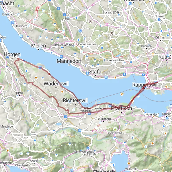Zemljevid v pomanjšavi "Pisane poti okoli Zürichskega jezera" kolesarske inspiracije v Ostschweiz, Switzerland. Generirano z načrtovalcem kolesarskih poti Tarmacs.app