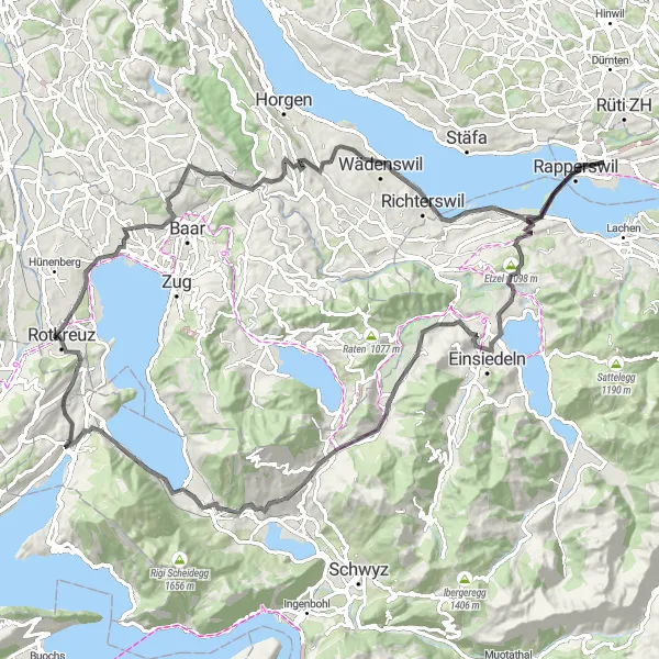 Miniaturekort af cykelinspirationen "Cykelrute til Einsiedeln og Kappel am Albis" i Ostschweiz, Switzerland. Genereret af Tarmacs.app cykelruteplanlægger
