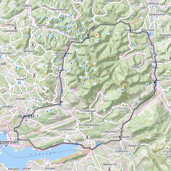 Karttaminiaatyyri "Jona - Mooshöchi - Frohberg Loop" pyöräilyinspiraatiosta alueella Ostschweiz, Switzerland. Luotu Tarmacs.app pyöräilyreittisuunnittelijalla