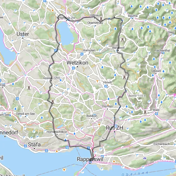 Zemljevid v pomanjšavi "Razgiban krog zanimivosti" kolesarske inspiracije v Ostschweiz, Switzerland. Generirano z načrtovalcem kolesarskih poti Tarmacs.app