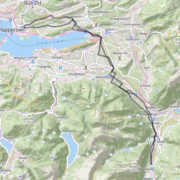 Miniature de la carte de l'inspiration cycliste "Tour du lac de Zurich et vallée de la Linth" dans la Ostschweiz, Switzerland. Générée par le planificateur d'itinéraire cycliste Tarmacs.app