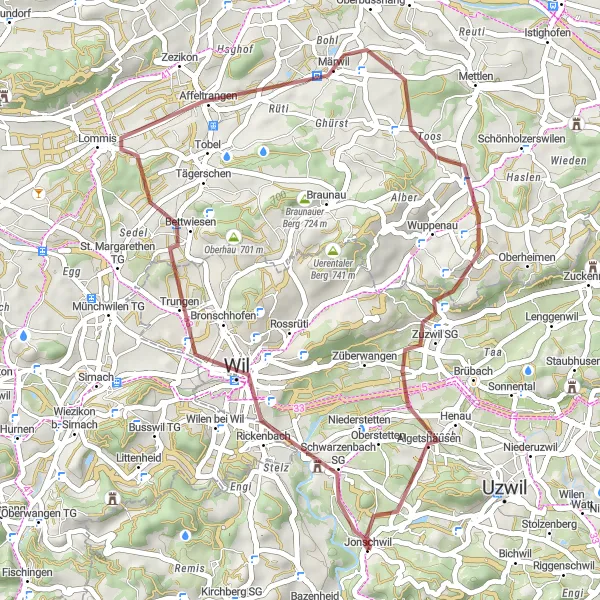 Kartminiatyr av "Kort grusvei sykkeltur til Bettenau" sykkelinspirasjon i Ostschweiz, Switzerland. Generert av Tarmacs.app sykkelrutoplanlegger