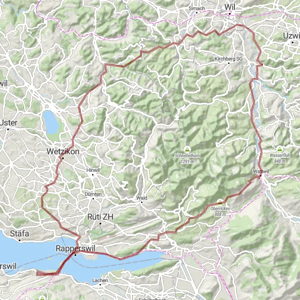 Miniatua del mapa de inspiración ciclista "Ruta de ciclismo de grava Jonschwil-Wattwil-Oberricken-Johannisberg-Jona-Lindenhof-Grüningen-Wetzikon-Zimberg-Vogelherd-Rickenbach" en Ostschweiz, Switzerland. Generado por Tarmacs.app planificador de rutas ciclistas