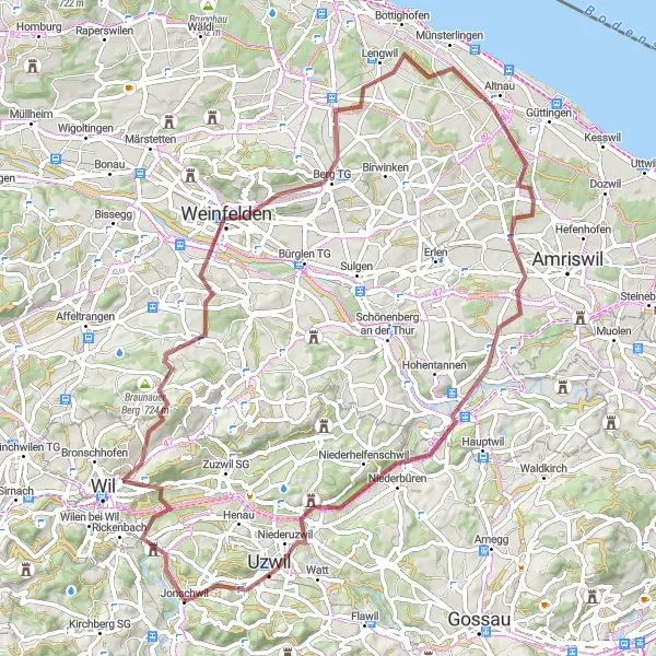 Miniatua del mapa de inspiración ciclista "Ruta de ciclismo de grava cerca de Jonschwil" en Ostschweiz, Switzerland. Generado por Tarmacs.app planificador de rutas ciclistas