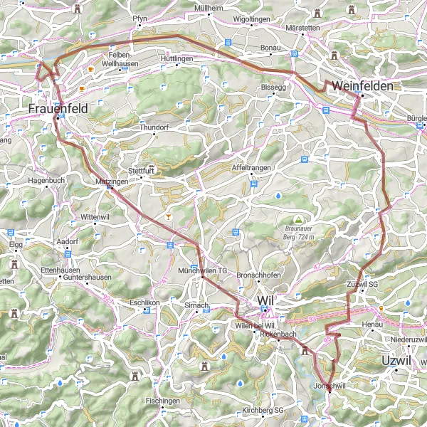 Miniatua del mapa de inspiración ciclista "Ruta de ciclismo de grava Vogelherd-Münchwilen TG-Frauenfeld-Bahnhofbrücke-Schalmenbuck-Felben-Bussnang-Nollen-Zuzwil SG-Bettenau" en Ostschweiz, Switzerland. Generado por Tarmacs.app planificador de rutas ciclistas
