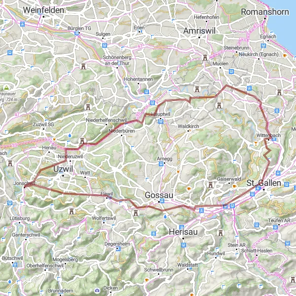 Miniature de la carte de l'inspiration cycliste "Aventure gravel de Jonschwil à Chapf" dans la Ostschweiz, Switzerland. Générée par le planificateur d'itinéraire cycliste Tarmacs.app