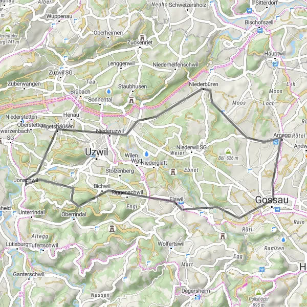 Zemljevid v pomanjšavi "Razburljiva cestna kolesarska pustolovščina" kolesarske inspiracije v Ostschweiz, Switzerland. Generirano z načrtovalcem kolesarskih poti Tarmacs.app