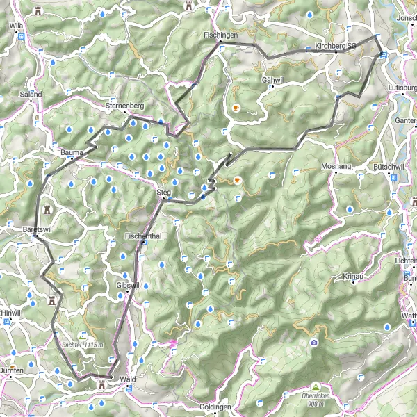 Mapa miniatúra "Cyklotrasa Müselbach - Hasenberg" cyklistická inšpirácia v Ostschweiz, Switzerland. Vygenerované cyklistickým plánovačom trás Tarmacs.app