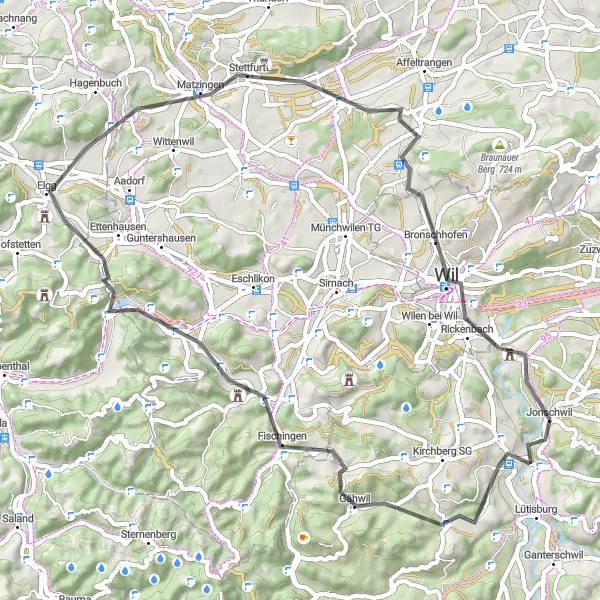 Kartminiatyr av "Historiska byar och vackra landskap" cykelinspiration i Ostschweiz, Switzerland. Genererad av Tarmacs.app cykelruttplanerare