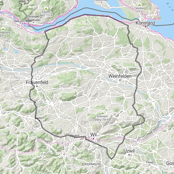 Mapa miniatúra "Road cyklotrasa cez Frauenfeld a Zeltpavillion" cyklistická inšpirácia v Ostschweiz, Switzerland. Vygenerované cyklistickým plánovačom trás Tarmacs.app