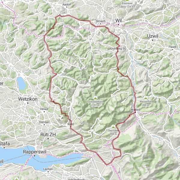 Miniaturekort af cykelinspirationen "Lang grusvejscykelrute med varieret terræn" i Ostschweiz, Switzerland. Genereret af Tarmacs.app cykelruteplanlægger