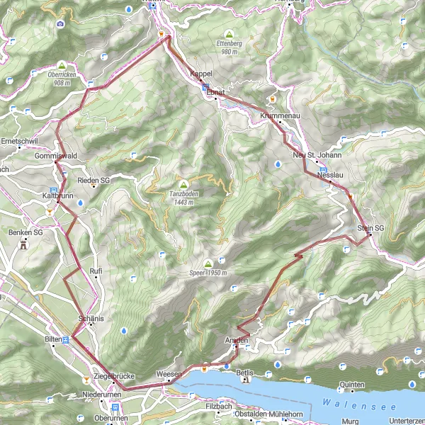 Karttaminiaatyyri "Kaltbrunn - Ulisbach - Krummenau - Ruezenberg - Weesen - Biberlichopf" pyöräilyinspiraatiosta alueella Ostschweiz, Switzerland. Luotu Tarmacs.app pyöräilyreittisuunnittelijalla