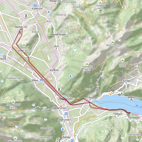 Zemljevid v pomanjšavi "Gravlerska pustolovščina do Burgruine Niederwindegg" kolesarske inspiracije v Ostschweiz, Switzerland. Generirano z načrtovalcem kolesarskih poti Tarmacs.app