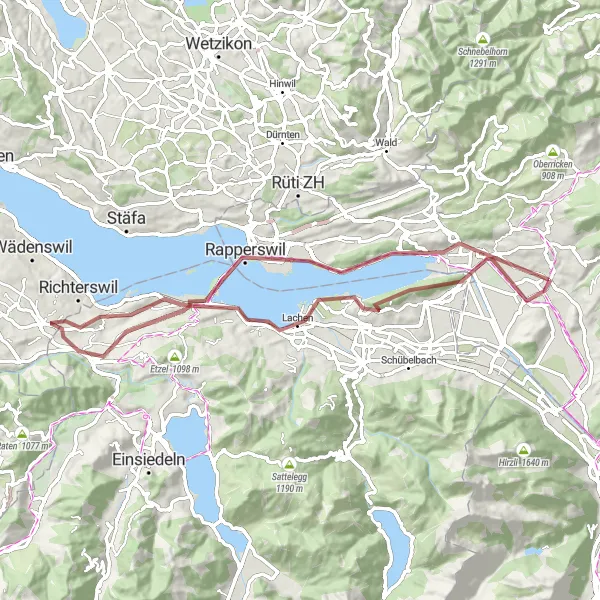 Miniatua del mapa de inspiración ciclista "Aventura de Ciclismo en Gravel por Rapperswil" en Ostschweiz, Switzerland. Generado por Tarmacs.app planificador de rutas ciclistas