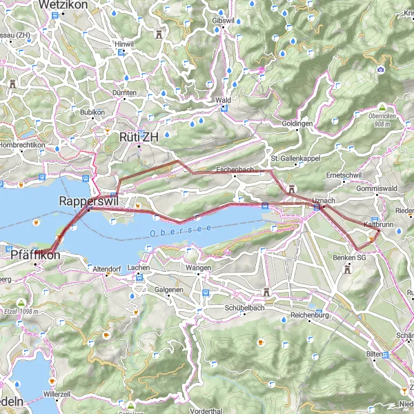 Miniatua del mapa de inspiración ciclista "Exploración de caminos de grava en la región" en Ostschweiz, Switzerland. Generado por Tarmacs.app planificador de rutas ciclistas