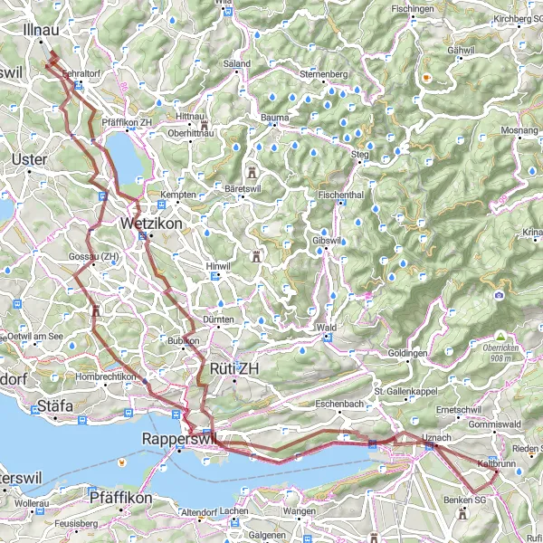 Map miniature of "Jona to Uznach Gravel Expedition" cycling inspiration in Ostschweiz, Switzerland. Generated by Tarmacs.app cycling route planner