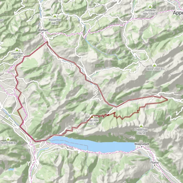 Kartminiatyr av "Churfirsten Utforskning" sykkelinspirasjon i Ostschweiz, Switzerland. Generert av Tarmacs.app sykkelrutoplanlegger