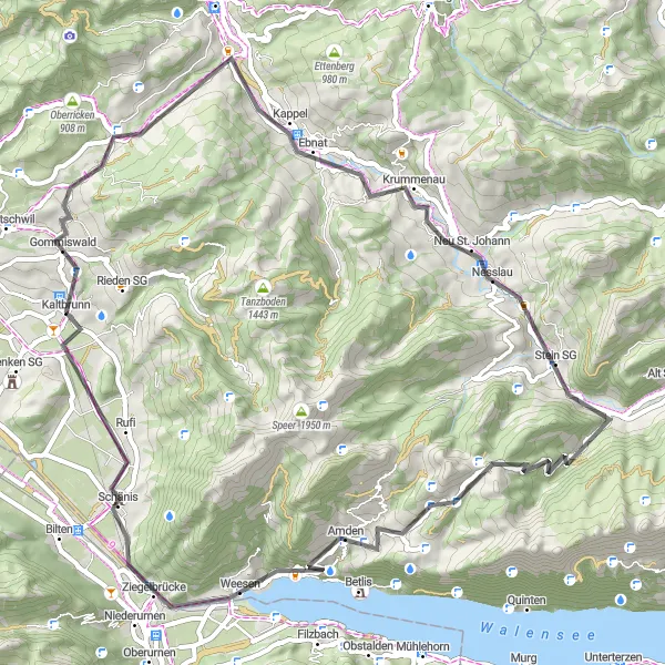 Zemljevid v pomanjšavi "Kolesarska pot po cestah okoli Kaltbrunna" kolesarske inspiracije v Ostschweiz, Switzerland. Generirano z načrtovalcem kolesarskih poti Tarmacs.app