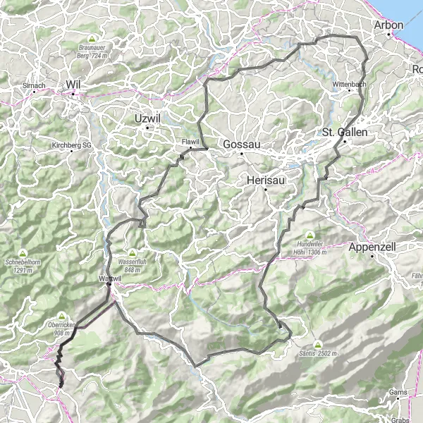 Map miniature of "Kaltbrunn to Fernglas" cycling inspiration in Ostschweiz, Switzerland. Generated by Tarmacs.app cycling route planner