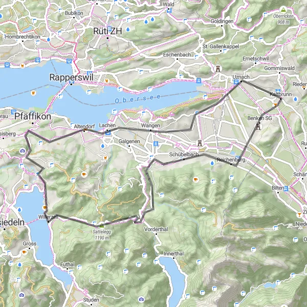 Map miniature of "Schübelbach to Uznach Round-Trip" cycling inspiration in Ostschweiz, Switzerland. Generated by Tarmacs.app cycling route planner