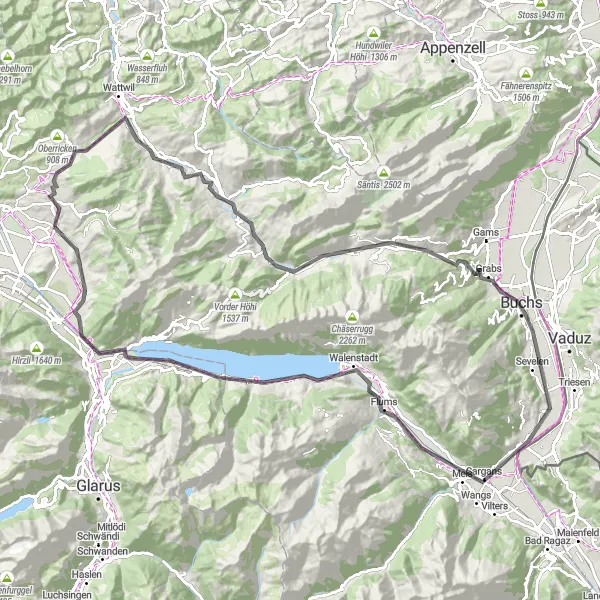 Karttaminiaatyyri "Kappel ja Churfirstenin seitsemän kuninkaan kuvaus" pyöräilyinspiraatiosta alueella Ostschweiz, Switzerland. Luotu Tarmacs.app pyöräilyreittisuunnittelijalla