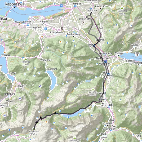 Map miniature of "Näfels to Kaltbrunn Adventure" cycling inspiration in Ostschweiz, Switzerland. Generated by Tarmacs.app cycling route planner