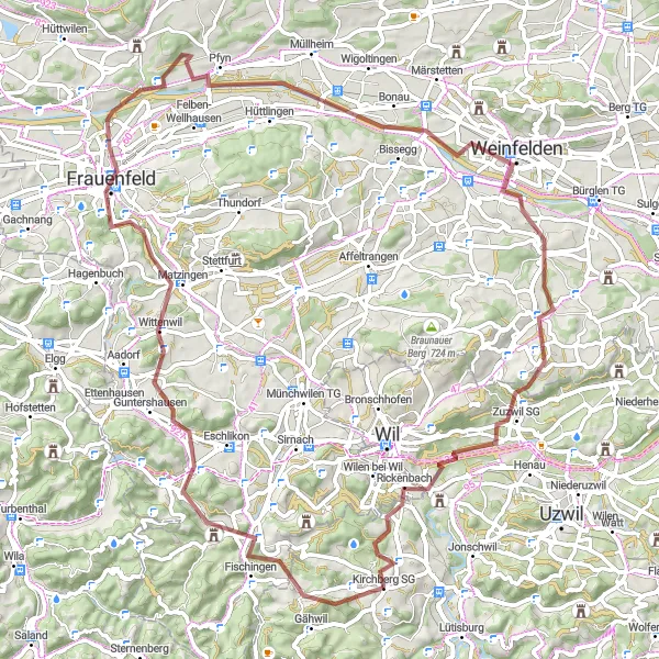 Kartminiatyr av "Grusvei gjennom Kirchberg og omegn" sykkelinspirasjon i Ostschweiz, Switzerland. Generert av Tarmacs.app sykkelrutoplanlegger