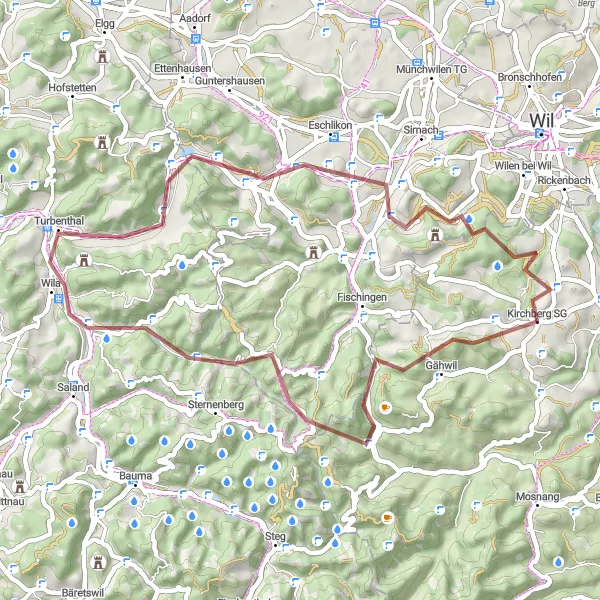 Map miniature of "Scenic Gravel Route: Gähwil to Kirchberg" cycling inspiration in Ostschweiz, Switzerland. Generated by Tarmacs.app cycling route planner