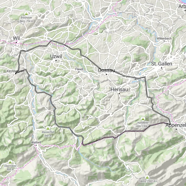 Miniatura della mappa di ispirazione al ciclismo "Tour delle Alpi Orientali" nella regione di Ostschweiz, Switzerland. Generata da Tarmacs.app, pianificatore di rotte ciclistiche