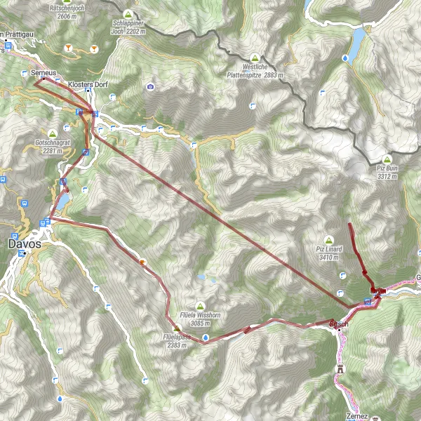 Miniaturekort af cykelinspirationen "Grusvejscykelrute til Davos Dorf via Flüelapass og Lavin" i Ostschweiz, Switzerland. Genereret af Tarmacs.app cykelruteplanlægger