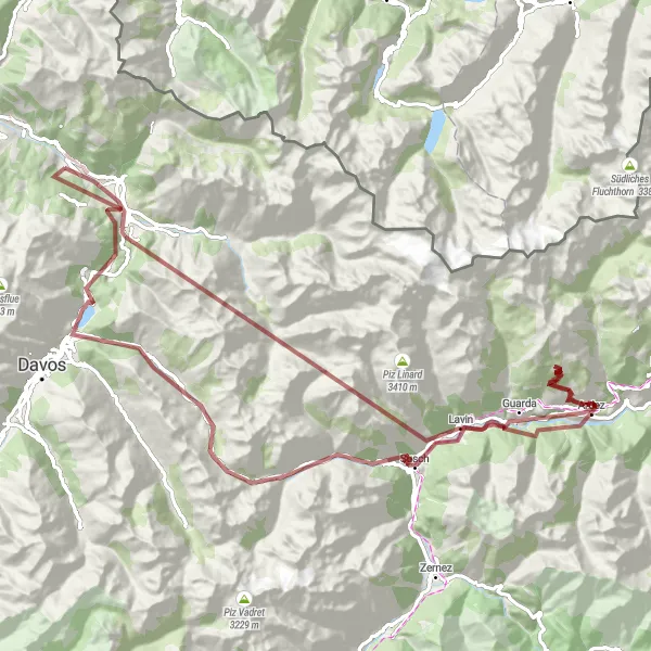 Mapa miniatúra "Gravel okruh cez Flüelapass a Davos Dorf" cyklistická inšpirácia v Ostschweiz, Switzerland. Vygenerované cyklistickým plánovačom trás Tarmacs.app