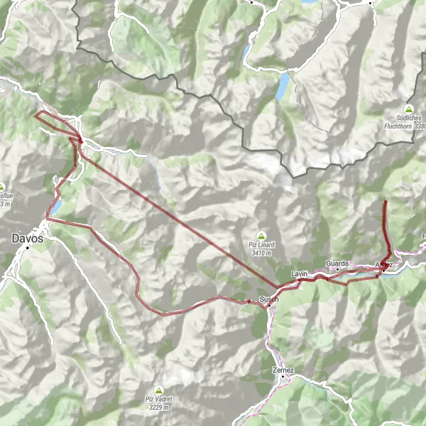 Zemljevid v pomanjšavi "Klosters - Wolfgangpass - Flüelapass - Susch - Guarda - Ardez - Lavin - Piz Murtera - Gitzihöreli - Selfranga" kolesarske inspiracije v Ostschweiz, Switzerland. Generirano z načrtovalcem kolesarskih poti Tarmacs.app
