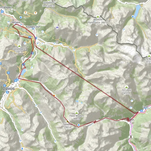 Miniature de la carte de l'inspiration cycliste "Parcours aventureux de Serneus à Wolfgangpass" dans la Ostschweiz, Switzerland. Générée par le planificateur d'itinéraire cycliste Tarmacs.app