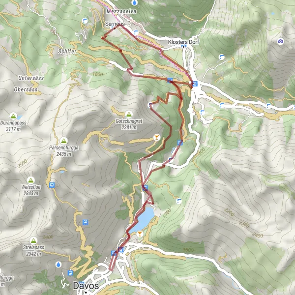 Mapa miniatúra "Gravel trasa cez Wolfgangpass a Klosters Dorf" cyklistická inšpirácia v Ostschweiz, Switzerland. Vygenerované cyklistickým plánovačom trás Tarmacs.app