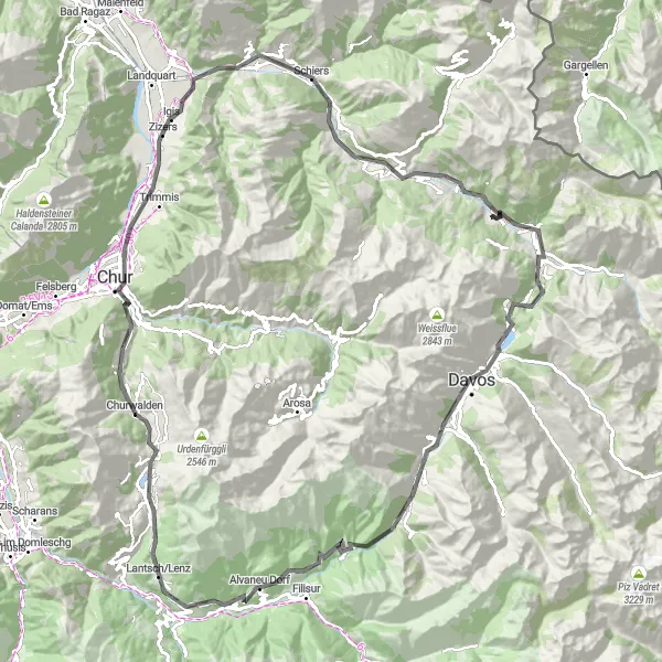 Miniatura mapy "Trasa Road: Klosters Serneus - Chur - Klosters Serneus" - trasy rowerowej w Ostschweiz, Switzerland. Wygenerowane przez planer tras rowerowych Tarmacs.app