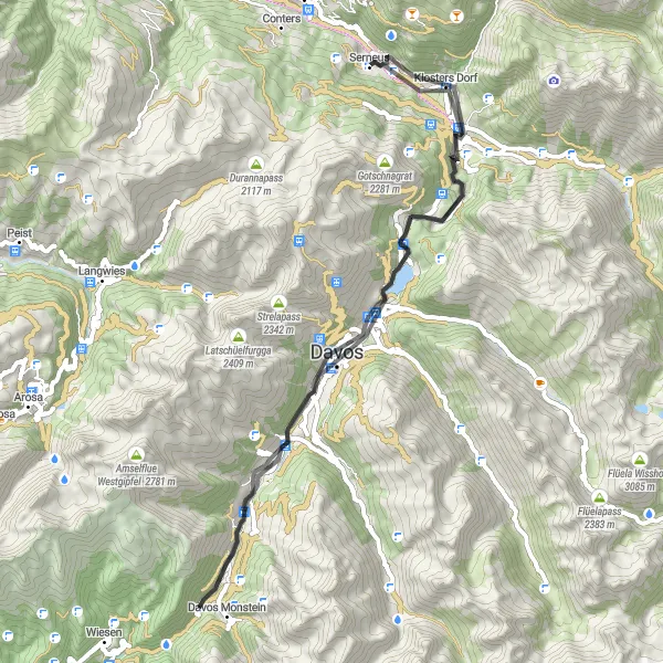 Kartminiatyr av "Serneus til Klosters Dorf og Davos" sykkelinspirasjon i Ostschweiz, Switzerland. Generert av Tarmacs.app sykkelrutoplanlegger