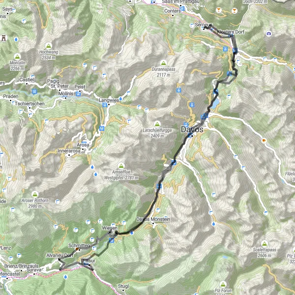 Miniaturní mapa "Okružní cyklistická trasa od Klosters Serneus" inspirace pro cyklisty v oblasti Ostschweiz, Switzerland. Vytvořeno pomocí plánovače tras Tarmacs.app