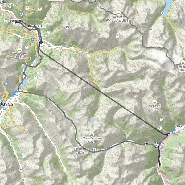 Map miniature of "Serneus - Wolfgangpass Loop" cycling inspiration in Ostschweiz, Switzerland. Generated by Tarmacs.app cycling route planner