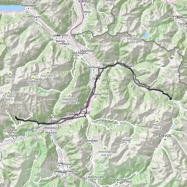 Kartminiatyr av "Äventyrlig cykling runt Klosters Serneus" cykelinspiration i Ostschweiz, Switzerland. Genererad av Tarmacs.app cykelruttplanerare