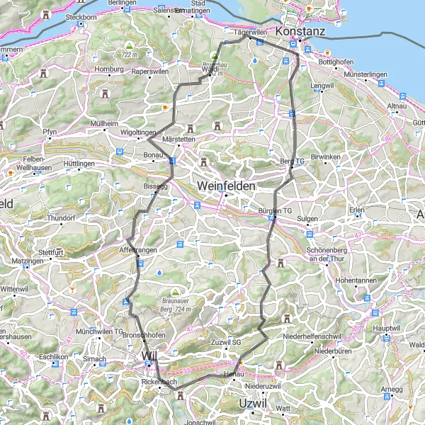 Map miniature of "Picturesque Road Cycling Adventure" cycling inspiration in Ostschweiz, Switzerland. Generated by Tarmacs.app cycling route planner