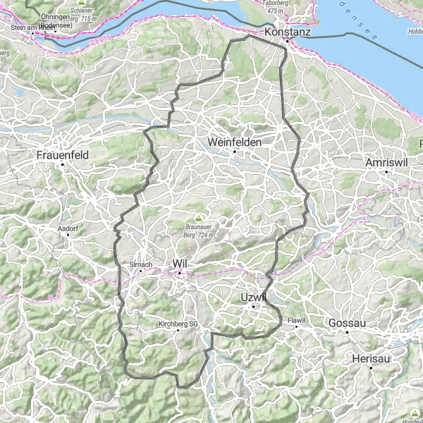 Miniatura della mappa di ispirazione al ciclismo "Giro ciclistico delle torri di Kreuzlingen" nella regione di Ostschweiz, Switzerland. Generata da Tarmacs.app, pianificatore di rotte ciclistiche